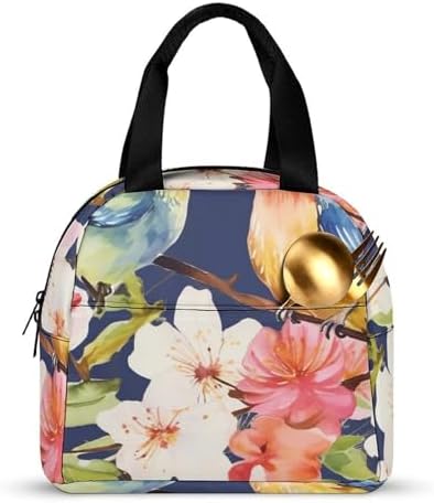 Insulated Lunch Box for Women Men Birds And Flowers Lunch Bags Reusable Cooler Tote Bag Insulated Lunch Bag Portable Container Lunch Bento Box for Adult Office Travel Picnic