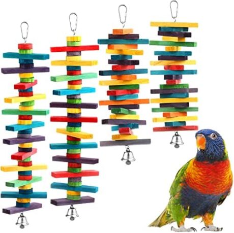 JaGely 4 Pcs Bird Parrot Toys with Multicolored Natural Wood Blocks, Bird Chew Toys for Large Medium Parrots Macaws Lovebirds Doves Cockatiels Conures Parakeets Chewing Biting Foraging, 2 Designs