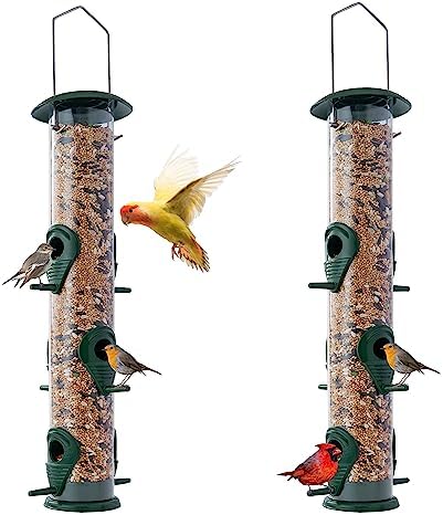 MIXUMON Set of 2 Metal Tube Bird Feeders for Outside – 6 Port, 16 Inches – Tube Wild Bird Feeder, Chew-Proof and Rust-Proof - Great for Mom