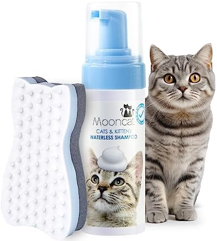 Mooncat Waterless Cat Shampoo+Cat Brush, Licking Safe Dry Shampoo for Cats, No Rinse Foam Cat Bath, Grooming for Cat, Kitten Sensitive Skin, Dander Reducing, Paraben Free, pH Balanced (5 oz)