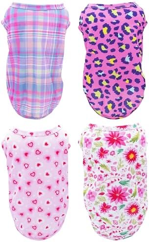 PET SHOW 4 Pack Paw Bone Printed Dog Clothes Shirts Soft Vest Lightweight Sleeveless Cats Doggies T-Shirts Puppies Tank Top Tee for Small Medium Dogs White Black Pink Blue (XX-Large, Pink for Girls)