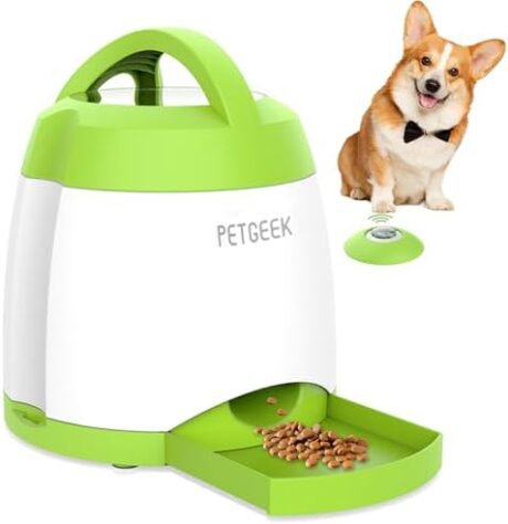 PETGEEK Dog Food Dispenser Toy, Interactive Pet Toys Treat Dispensing for IQ Training, Automatic Dog Treat Dispenser with Button Remote Push, Dual Power Supply for Indoor Outdoor Use, Green Color