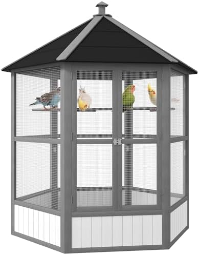 PawHut 69" Large Wooden Hexagonal Outdoor Aviary Flight Bird Cage with Covered Roof, Light Gray