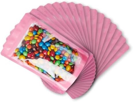 Pink 6" x 9” Stand Up Pouch Bags, 100 Pack – Clear Front & Aluminum Foil Back, Resealable and Heat Sealable Storage Bags for Food, Snacks, Coffee, Candy, and More