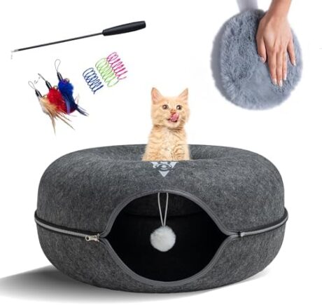 Premium Large Size 24 Inch Cat Tunnel Bed - With Upgraded Metal Zipper - Detachable Round Design - Washable - and Scratch Resistant - Includes 3 Toys and Removable Cushion