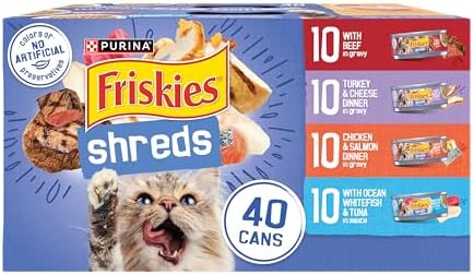 Purina Friskies Wet Cat Food Variety Pack, Shreds With Beef, Turkey and Cheese Dinner, Chicken and Salmon Dinner, and With Ocean Whitefish and Tuna - (Pack of 40) 5.5 oz. Cans