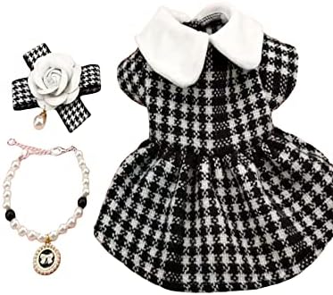 QWINEE 3pcs Dog Dress & Flower Bow & Necklace Set Geometric Princess Dress with Flower Bow Deco Puppy Skirt with Pearls Jewelry Necklace for Small Medium Cats Dogs Kitten Black and White M