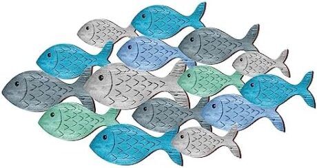 Qunclay Beach Wall Decor Wooden Coastal Fish Sign Ocean Themed Beach Decor School of Fish Art for Bathroom Home Indoor Outdoor 14.96 x 6.3 Inch(Cute)
