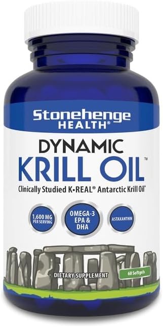 Stonehenge Health Dynamic Krill Oil 1600mg – Triple Strength Antarctic Omega-3 Supplement with EPA, DHA, Phospholipids & 2mg Astaxanthin – Supports Heart, Brain, Skin, Joint & Eye Health – 60 Softgels
