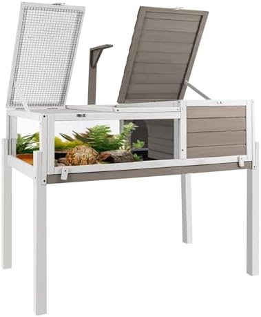 Tortoise Habitat Tank Indoor Outdoor, Wooden Tortoise House with Detachable Legs, 2-Room Reptile Turtle Enclosure Cage for Small Animals, Lamp Holder & Leakproof Tray, Grey