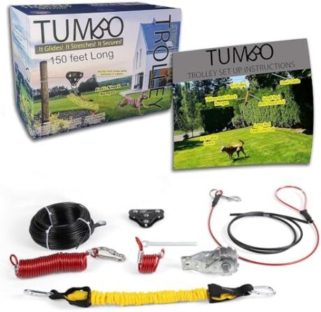 Tumbo Xtreme Trolley 100ft - Anti-Shock Aerial Dog Runner for Yard - Heavy Duty Pulley - Large Dog Gear - Best Dog Run Zipline for Backyards - Trolley System Camping - 100ft / 150ft / 200ft