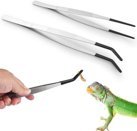 2-Pack Reptile Feeding Tongs with Soft Rubber Tips - 10" & 11.8" Extra Long Curved/Straight Aquarium Tweezers for Bearded Dragons, Snake Feeding & Terrarium Maintenance,Stainless Steel