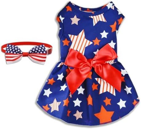 4th of July Dog Dress with Stars Pattern and Bowknot Decoration Holiday Cat Independence Patriotic Skirt Outfit for Small Boys and Girls Puppies Pets