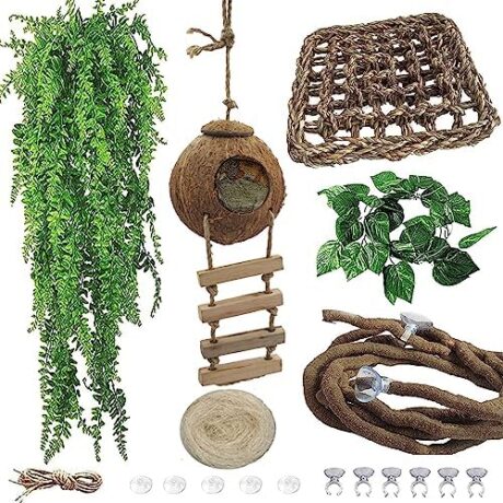 6PCS Crested Gecko Coconut Hut, Lizard Coco Den with Ladder and Reptile Hammock Bearded Dragon Tank Accessories Climbing Hanging Plants Jungle Vine Flexible Reptile Leaves Decor