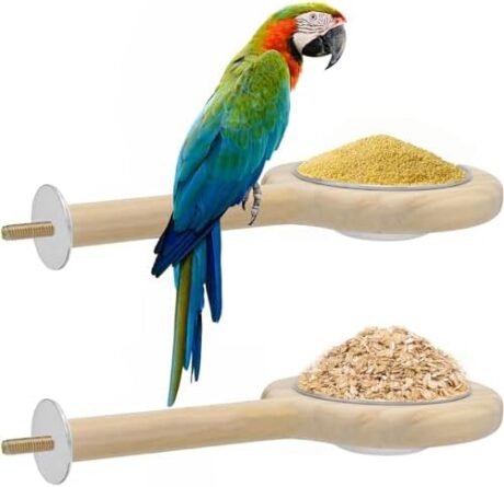 ASOCEA 2 Pack Bird Perch Bird Feeding Cup, Bird Bowls for Cage Wooden Perch Stand Hanging Bowls for Bird Cage Accessory Parrot Wood Perch Stand Toy for Parakeet Lovebird Cockatiel Budgie Small Parrots
