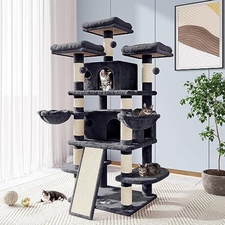 Allewie 68 Inches Cat Tree/House and Towers for Big Feline/Scratching Post/Multi-Level Large Kitty Climbing Tree with Condo/Smokey Grey