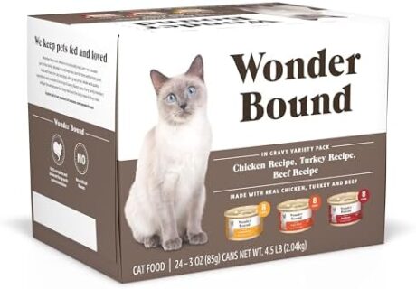 Amazon Brand - Wonder Bound Gourmet Wet Cat Food in Gravy Variety Pack (Turkey, Chicken, Beef), Poultry, Made in USA, 3 Ounce (Pack of 24)