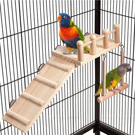Bird Perches Platform Swing with Climbing Ladder, Parakeet Cage Accessories Wooden Playing Gyms Exercise Sturdy for Small Birds