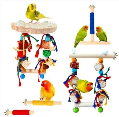 Bird Perches,Natural Wood Birds Stand Branch with Chew Toys,Parakeet Parrot Perch for Cage, Bird Cage Chew Toy & Hanging Toy for Cockatiels Lovebirds Budgies