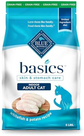 Blue Buffalo Basics Grain-Free Dry Cat Food, Skin & Stomach Care, Limited Ingredient Diet for Indoor Cats, Whitefish & Potato Recipe, 5-lb. Bag