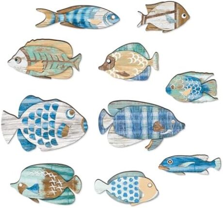 CAKIROTS 10 Pcs Coastal Wall Decor Wooden Fish School Beach Art for Home Outdoor Lake House Vintage Not 3D Pattern