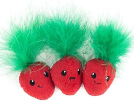 Catstages Strawbabies 3-Pack Catnip Cat Toys for Dental Health, Feather & Crinkle Teething Toys for Kittens and Indoor Cats, Interactive Play, Pink