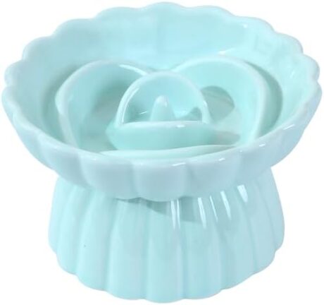 Ceramic Elevated Slow Feeder Cat and Small Dog Bowl,Anti Vomiting,Easy to Clean,Spill-Proof & Anti-Tipping Raised Pet Bowl for Food (Green)