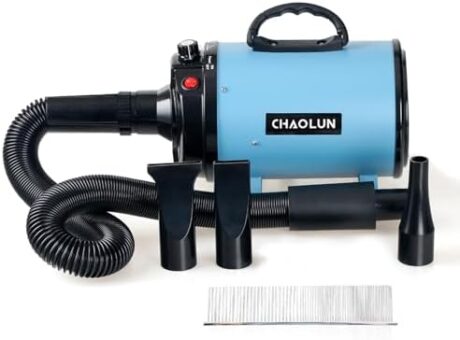 Dog Dryer for Pet Grooming, High Velocity Pet Hair Dryer with Heater, Adjustable Speed, 3 Nozzles and a Comb, Blue