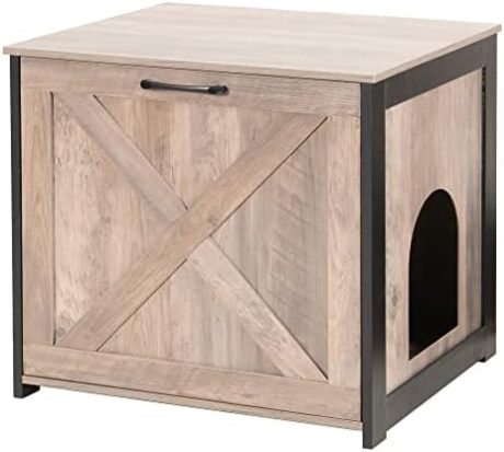 Dwanton Cat Litter Box Furniture Hidden, Cat Litter Box Enclosure, Reversible Entrance Can Be on Left or Right Side, Indoor Cabinet, Wooden Washroom, End Table, Nightstand, Greige, 23.6" L