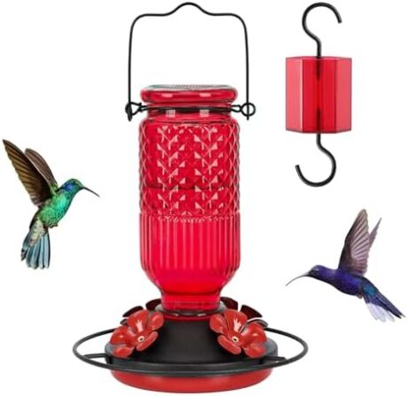 FEED GARDEN Glass Hummingbird Feeder for Outdoors Hanging, 16 OZ Humming Birds Feeders with 4 Bee Guard Feeding Ports & Built-in Ant Moat, Bird Feeder for Outside, Gifts for Women Mom, Red