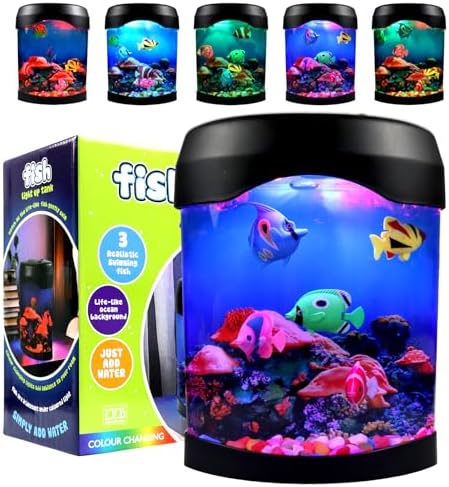 Fake Fish Lamp, Nightly Lifelike Desk Electric Mood Light, LED Light Tank with 6 Color Changing and (5 Fake Fish) Mini Aquarium for Home Office Deco Adults,Gifts for Kids and Adults