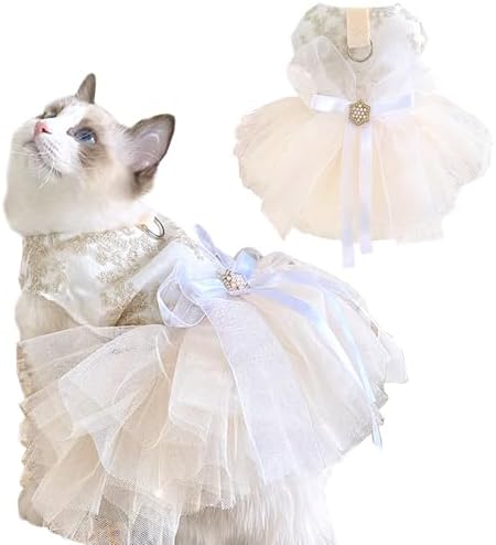 Fancy Dog Dresses with Leash Ring, Embroidered Dog Wedding Dress, Bow Puppy Clothes for Small pet Girl Multi-Layer Lace Tutu Cat Outfit for Kitten Chihuahua Yorkie,Medium