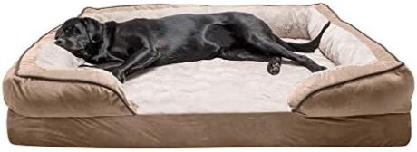 Furhaven Cooling Gel Dog Bed for Large Dogs w/ Removable Bolsters & Washable Cover, For Dogs Up to 95 lbs - Plush & Velvet Waves Perfect Comfort Sofa - Brownstone, Jumbo/XL
