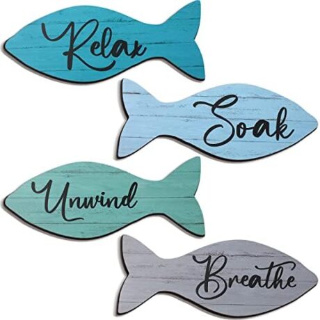 Geelin 4 Pcs Beach Bathroom Wooden Fish Wall Decor Coastal Art Sign Relax Soak Unwind Coastal Wall Fish Summer Decor for Home Spa Bathroom