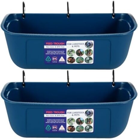 Goovilla Large Feed Trough, Hanging or Screw-in Fence Feeder with Clips, 2 Pack 9 Quart Goat Feeder Supplies, Dog Horse Hog Pig Livestock Poultry Plastic Feeder Trough Bucket for Large Animal, Blue