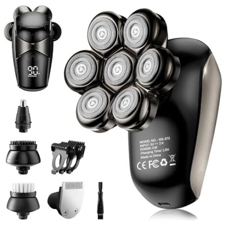 Head Shavers for Bald Men: 5-in-1 Detachable Electric Razor - IPX7 Waterproof Wet Dry Shaving for Balder - LED Display & Precision Blades Rotary Shavers (Deep Black)