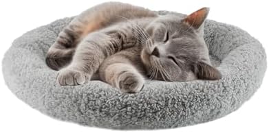 LESYPET Cat Bed for Indoor Cats, Small Pet Bed Curl Sleep Cushion with Raised Pillow Around, Non-Slip Bottom Washable Pet Beds Mat for Small Pets Rabbit Hamsters, Round Diameter 15.7"