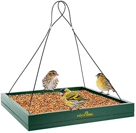 MIXXIDEA Bird Feeder Hanging Tray, Bird Feeders for Outdoors, Wooden Seed Tray Platform Mesh Seed Platform for Garden Yard Outside Decoration Attracting for Wild Birds (Green-1pk)