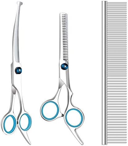 Maxshop Dog Grooming Scissors with Safety Round Tips, Heavy Duty Titanium Pet Grooming Trimmer Kit, Professional Thinning Shears, Curved Scissors with Comb for Dogs and Cats (Set of 3)