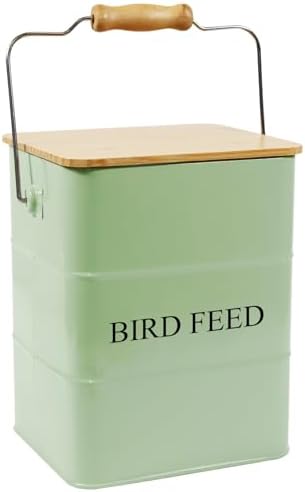 Metal Bird Seeds storage container,Outdoor Bird Food Container Canister, Pet Food Bin with Wooden Lid/Handle/Food scoop,hold 5-6 Lbs of Wild Bird Seed Sunflower Seed-Preventing Squirrels-Green