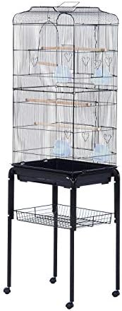 PawHut 60" Metal Indoor Bird Cage Starter Kit with Detachable Rolling Stand, Storage Basket, and Accessories, Black