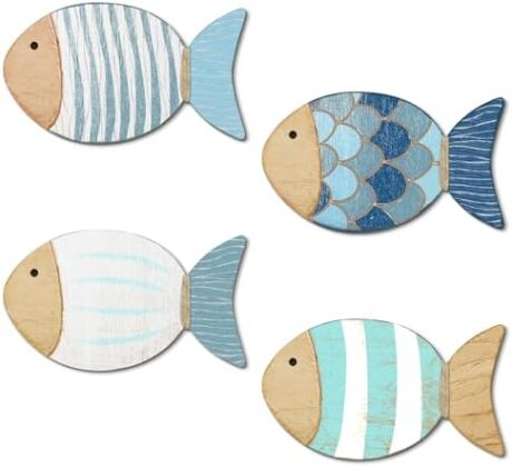 Putuo Decor 4 Pcs Wood Fish Wall Art, Nautical Beach Decor, Wooden Fish Hanging Sculptures, Blue (5.5 In)