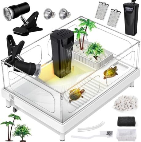 Small Turtle Tank Kit(Tank+Light+Filter), Acrylic Turtle Tank Starter Kit with Basking Platform, Bottom Drainage, Multi-Function Areas for Turtles, Crayfish, Small Reptiles.(White+Black)