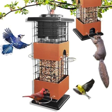 Squirrel Proof Bird Feeder, Metal Bird Feeders for Outdoors Hanging,Squirrel Proof Wild Birds Seed Feeders for Finch Cardinal (Brown, 3Lb)