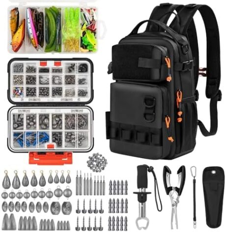 THKFISH 462 Pcs Fishing Tool Kit, Backpack and Tackle Box with Tackle Included Lures Hooks Sinkers Accessories Kit,Pliers, Fish Lip Gripper, Fishing Gear and Fishing Gift for Men