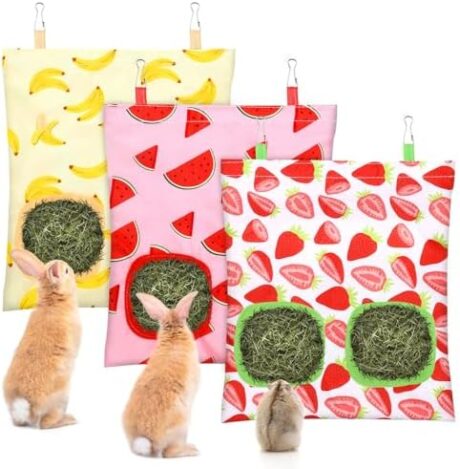 UPINS 3 Hay Bag for Rabbits 2-Hole Hanging Hay Feeder Guinea Pig Hay Bags, Hay Feeder for Rabbits Chinchillas Hamsters Small Pets and Animals(Fruit Pattern)