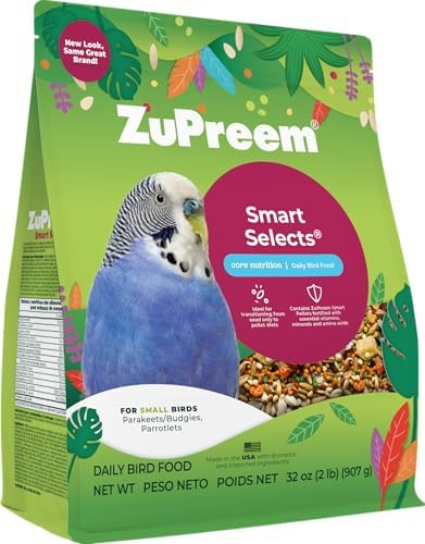 ZuPreem Smart Selects Daily Bird Food for Parakeet, Budgie, Parrotlet, Dove, Bird Pellets and Seed Blend, Core Nutrition for Small Birds, Made in USA, Parakeet Food, Budgie Food (S, 2 lb)