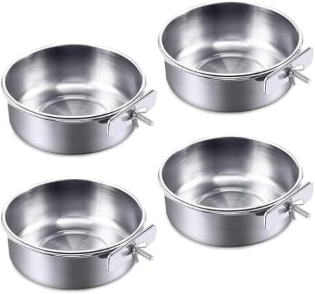 kathson 4 Pack Bird Feeding Dish Cups, Stainless Steel Parrot Feeders Water Cage Bowls with Clamp Holder Bird Feeders for Parakeet Cockatiels Conure Budgies Lovebird Finch and Small Animals