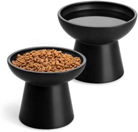 vancasso Ceramic Elevated Cat Bowls 2-Pack - 6.2" Extra Wide Raised Cat Food & Water Dishes, 5.1" Optimal Height Anti-Whisker Fatigue Shallow Bowls for Cats/Kittens/Dogs, Lead & Cadmium Free (Black)