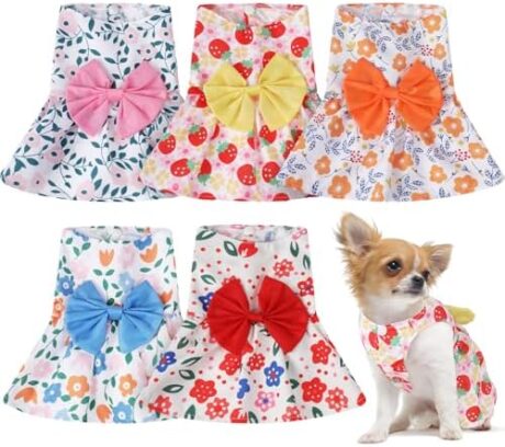 Saintrygo 5 Pieces Dog Dresses for Small Pet Girls Floral Puppy Dresses Dog Princess Bowknot Dress Cute Summer Outfits Cat Clothes for Female Cat Small Pets, 5 Styles(XS)